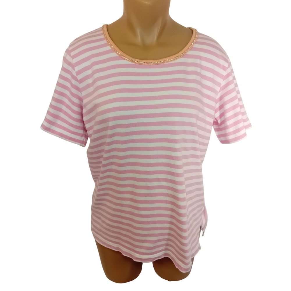 Vintage Quacker Factory Striped Embellished Rhinestone Neck Blouse Casual Work M
